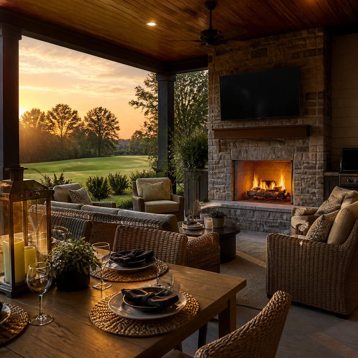 Outdoor living pavilion at dusk