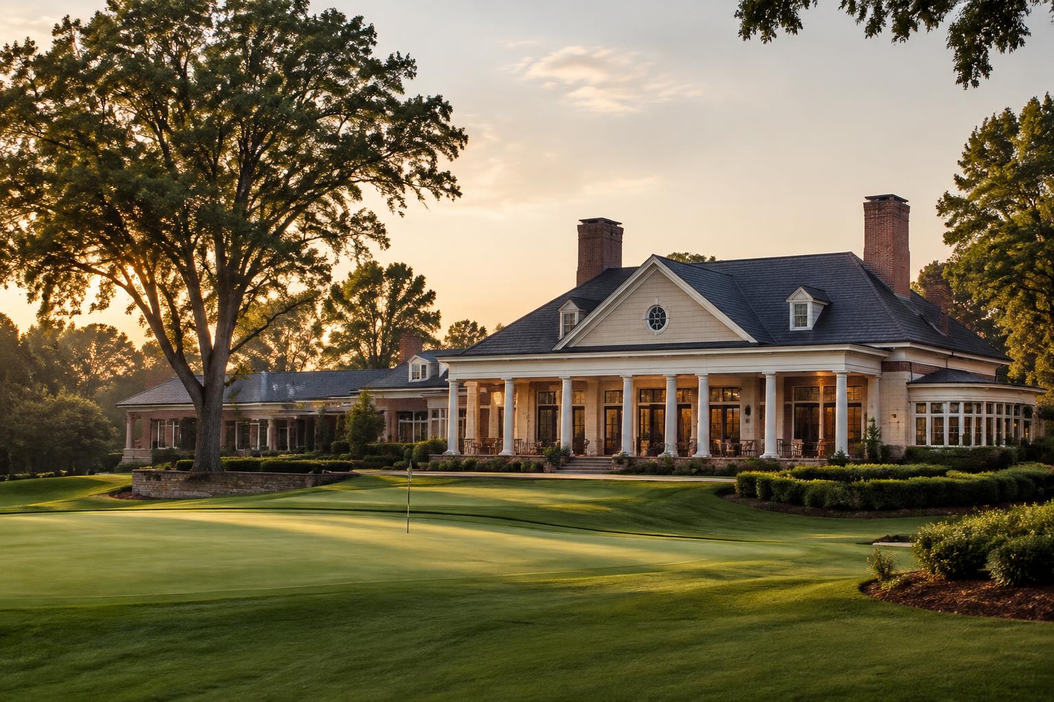 A columned Southern clubhouse at golden hour above a manicured putting green framed by mature oaks