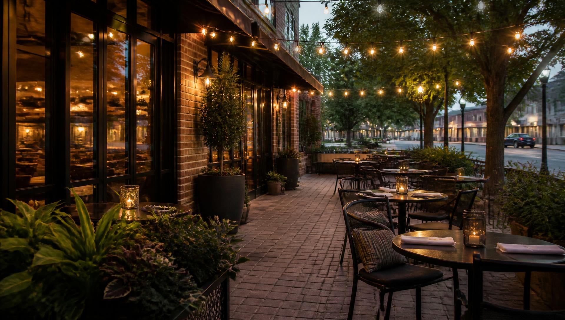 A restaurant patio with string lights and bistro tables at dusk near Piper Glen, Charlotte