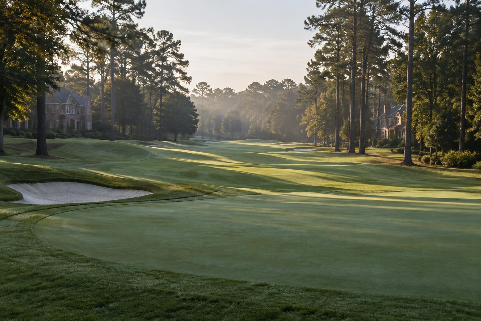 An early morning fairway framed by tall pines with large brick homes set behind the tree line in Charlotte, North Carolina