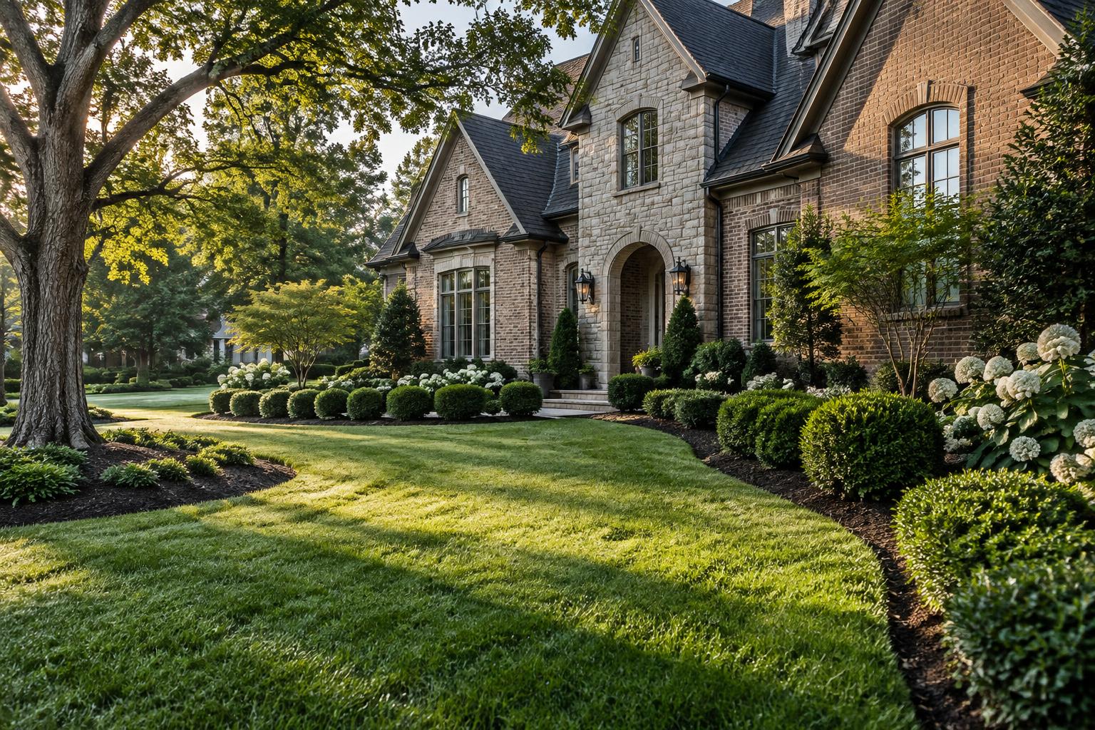 A manicured front lawn, clipped boxwood hedges and crisply edged mulch beds in front of a brick and stone home in South Charlotte