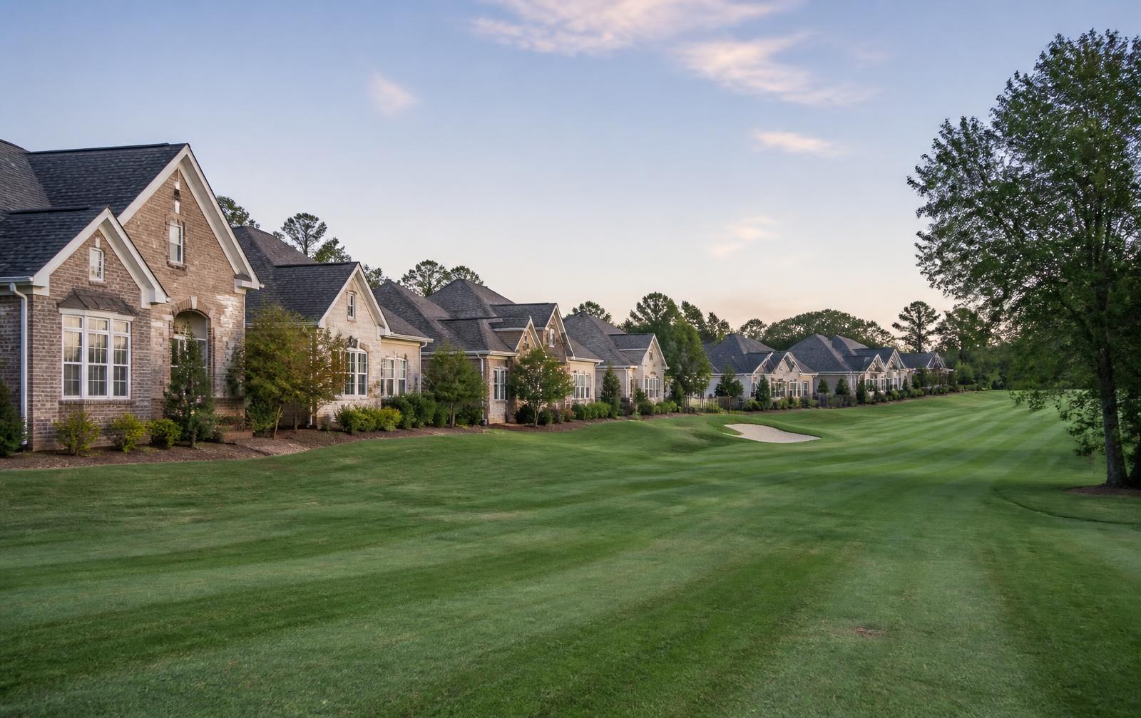 Row of low-maintenance patio homes with brick and stucco facades beside a manicured golf fairway at dusk